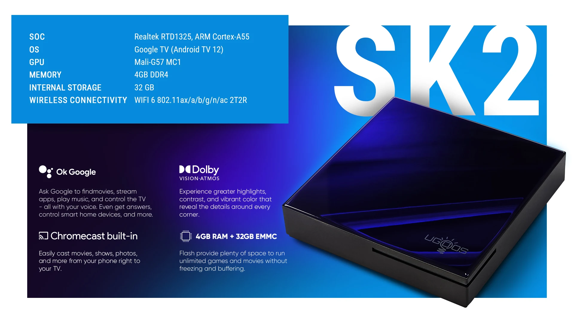 Ugoos SK2 스마트 TV 박스 안드로이드 12 ARM Cortex-A55 4GB 32GB Wifi6 BT5.2 100M 셋톱 박스 Dolby Widevine L1 DTS AV1 지원