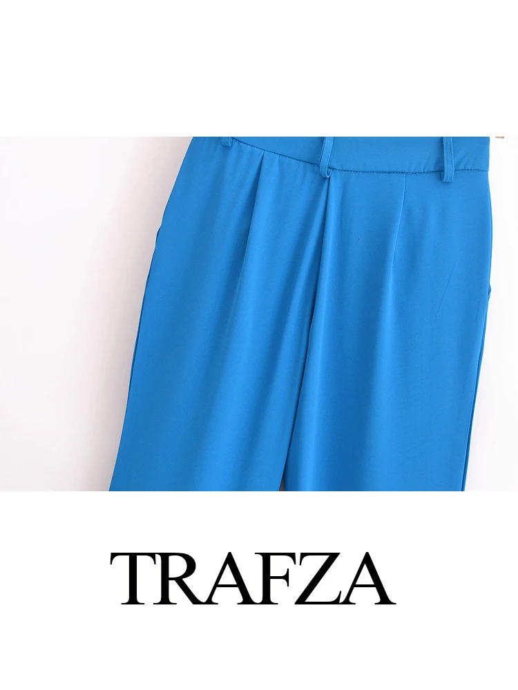 TRAFZA-Pantalon taille haute décontracté pour femme, pantalon trempé, poche élégante, fermeture éclair, polyvalent, monochromatique, longueur de rinçage 2 documents, mode féminine, fjZA