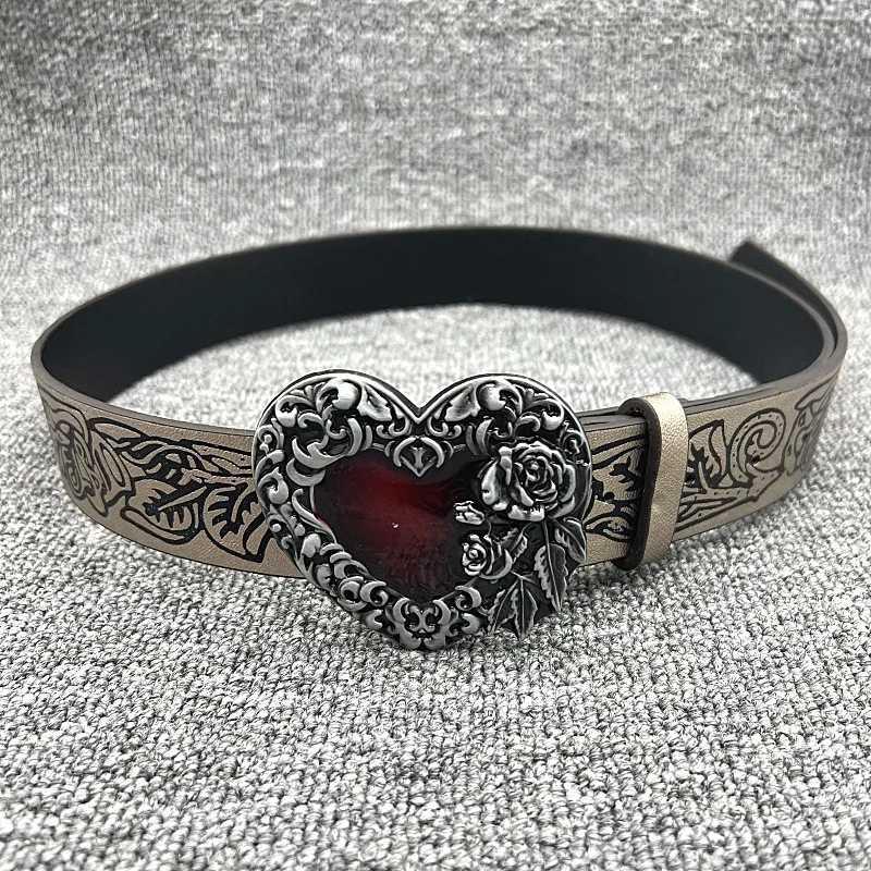 Women's casual y2k monochrome heart-shaped carved buckle flower embossed belt dress jeans multifunctional decorative belt suitab