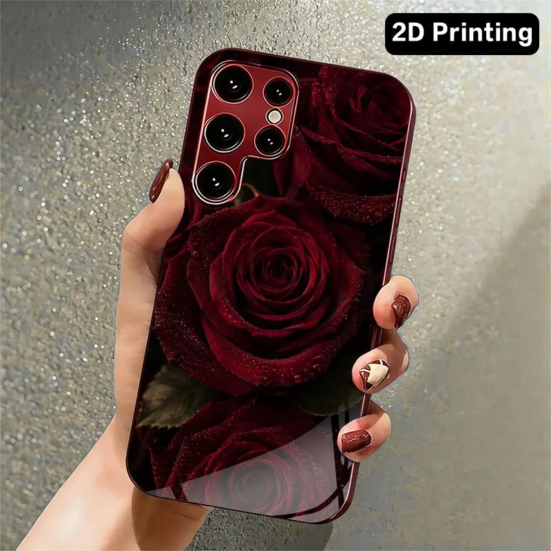 Glass phone case with dark red rose pattern suitable for Samsung Galaxy S26 S25 S24 S22 S21 S20 FE/Ultra/Plus anti drop