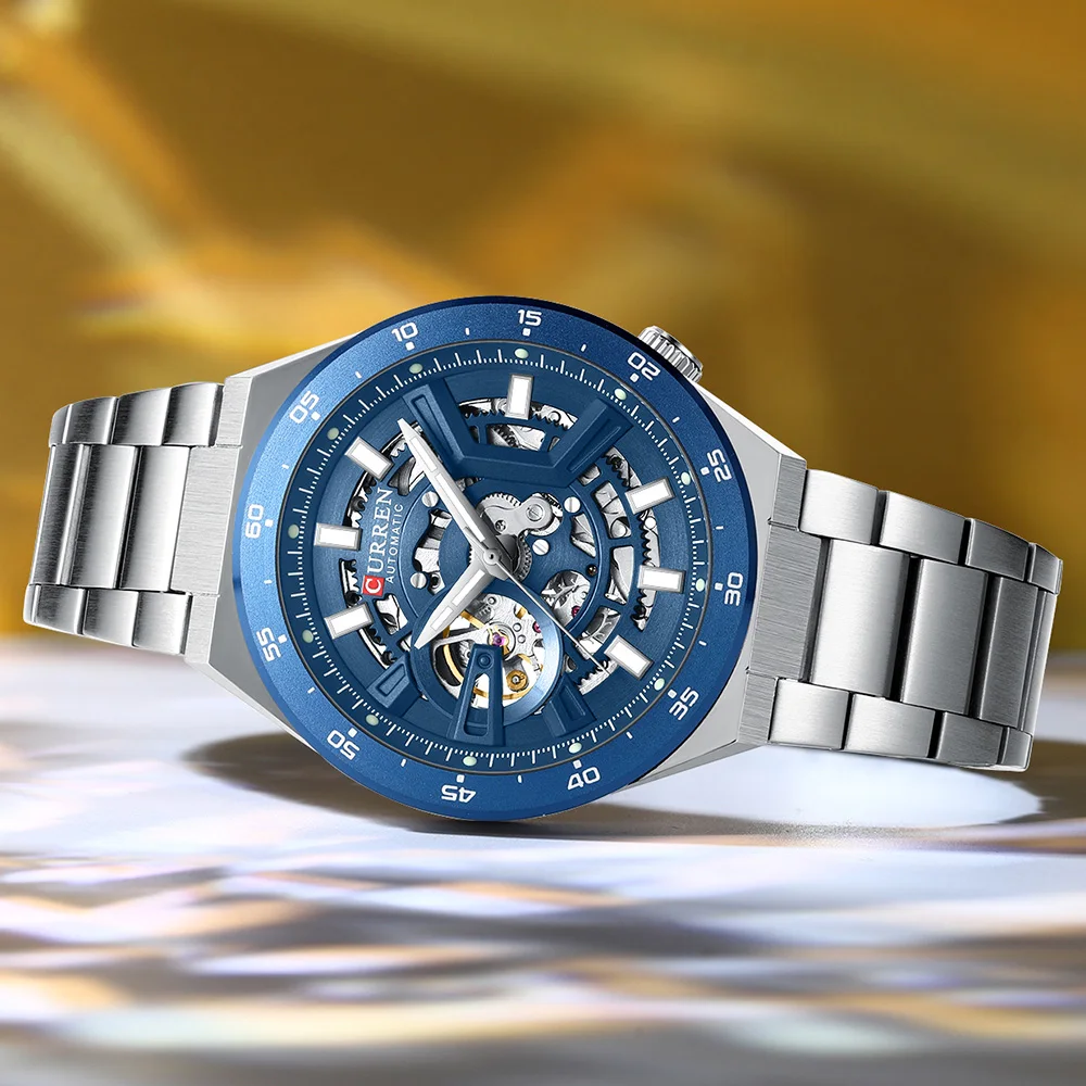 CURREN 8486 New Men's Skeleton automatic mechanical watch winding watch waterproof steel band watch Men's Waterproof Automatic