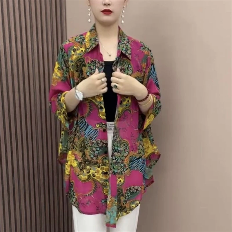 Women\'s Vintage Ethnic Style Button Cardigan Shirt Fashion Print Long Sleeve Oversized Blouse Ladies Casual Irregular Tunic Tops