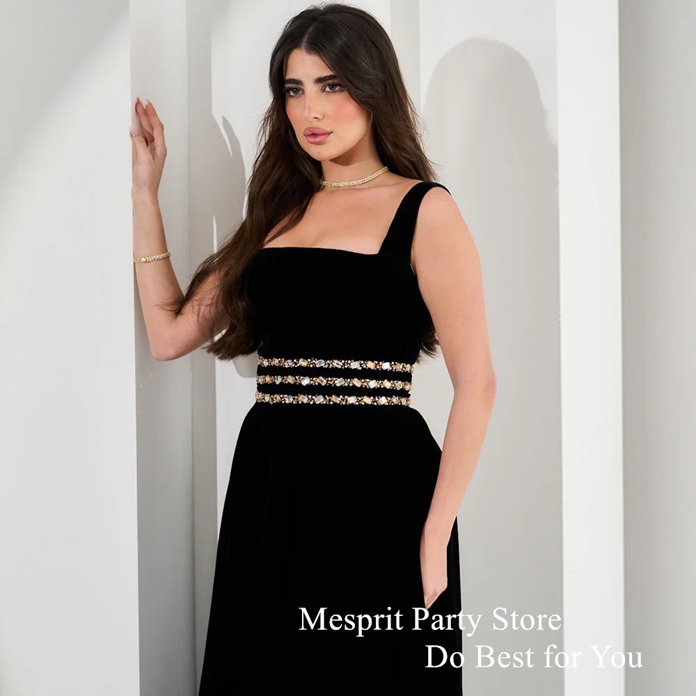 Mesprit Sexy Evening Dess Arbian Woman Prom Gown Square Neck Sleeveless Stones A Line Floor Length Kuwait Banquet Party Dresses