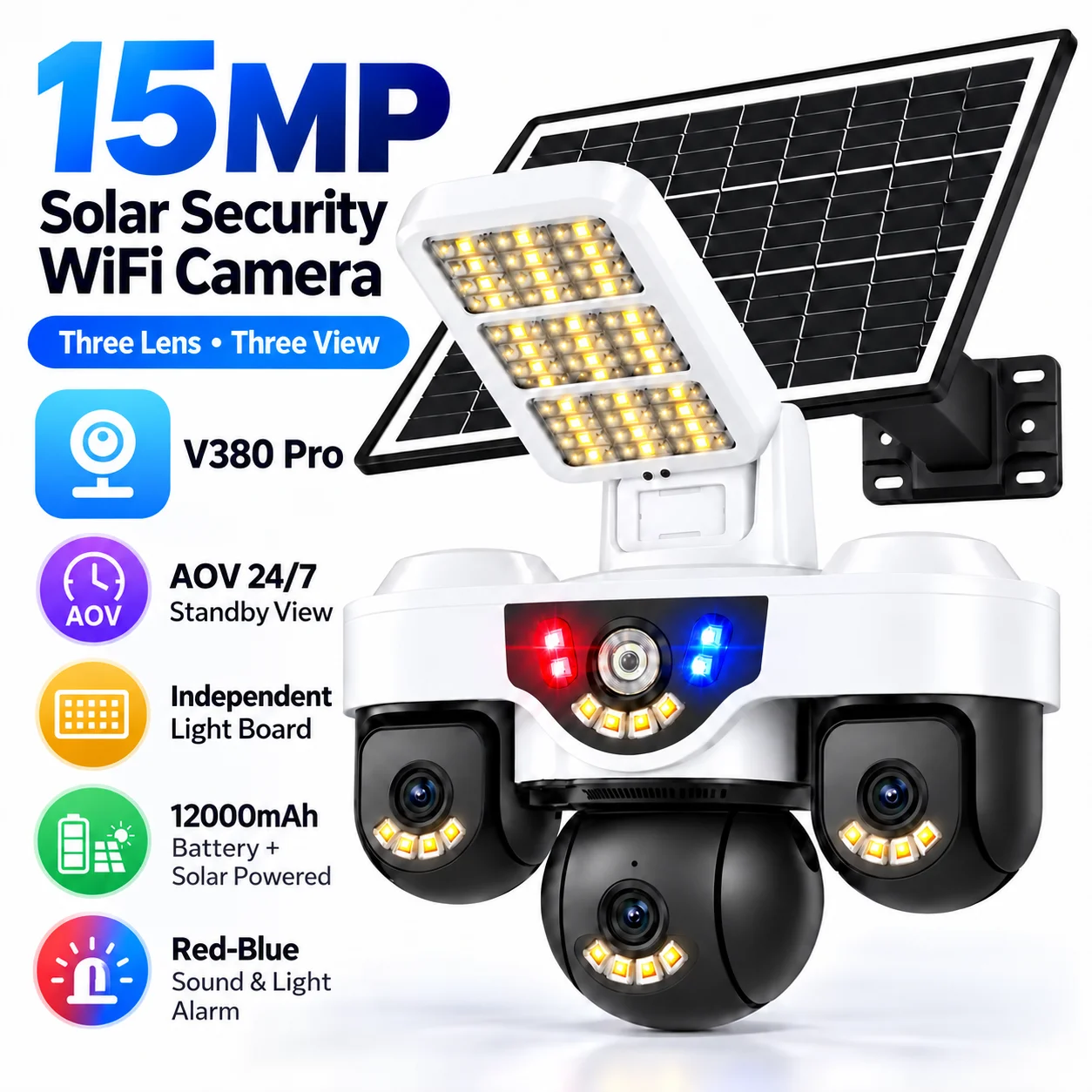 Solar Security WIFI Camera 15MP Three‑Lens Three‑View AOV Mode PTZ  Motion Tracking LED Light Outdoor Surveillance CCTV Camera