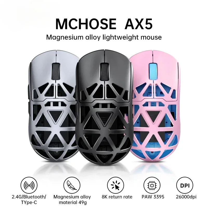 PYLV X Mchose AX5 Magnesium Alloy 8K Wireless Tri-mode Mouse Paw3395 Sensor Low Latency Wireless Gaming Lightweight Mouse