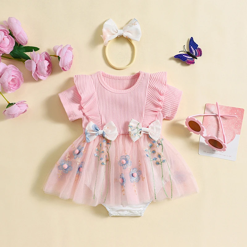 

Baby Girls Rompers Dress Ribbed Flower Embroidery Bowknot Short Sleeve Mesh Skirt Hem Bodysuits Summer Clothes with Headband