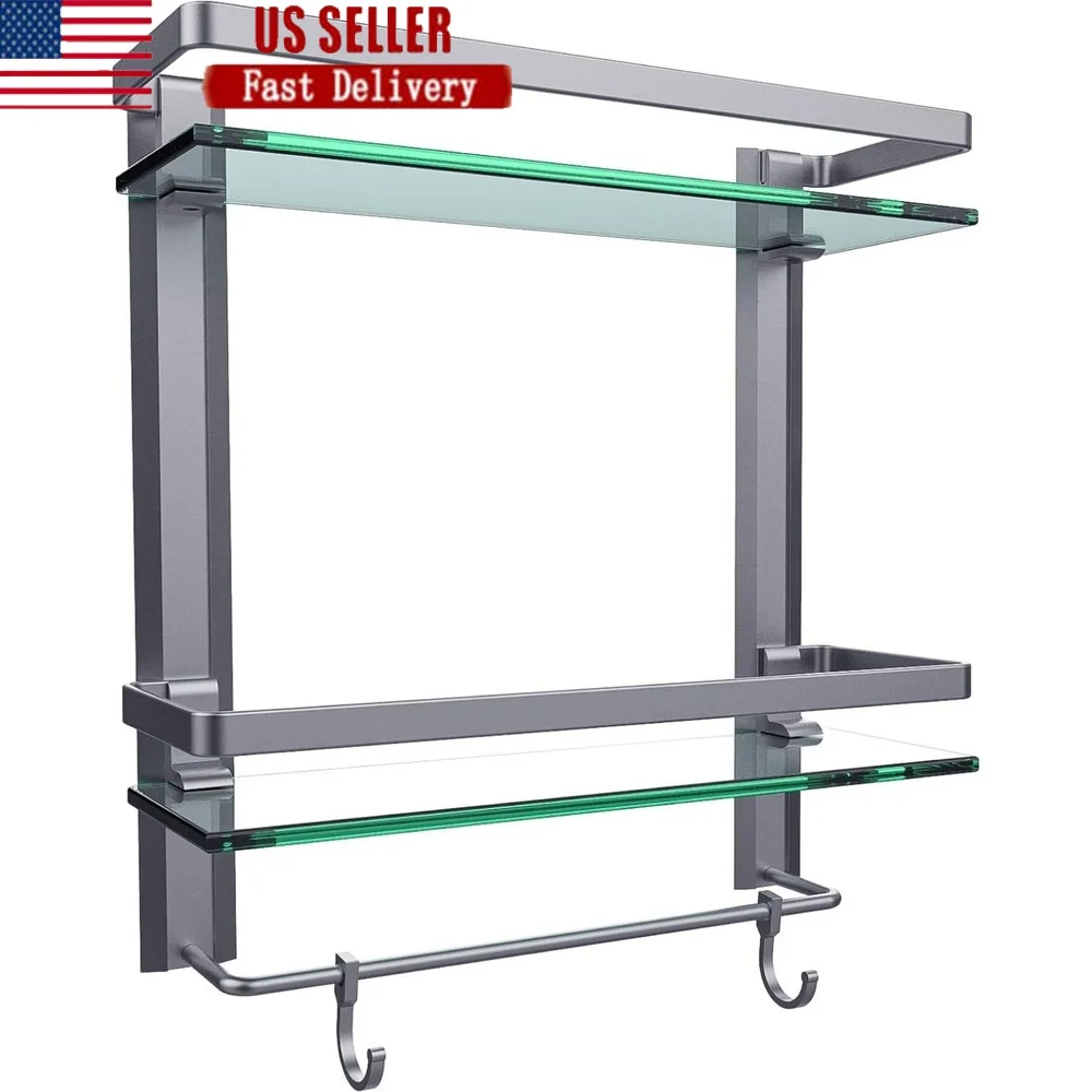 

Wall Mounted 2-Tier Glass Shelf with Towel Bar Bathroom Organizer Shower Storage Easy Install Durable Tempered Glass Rust