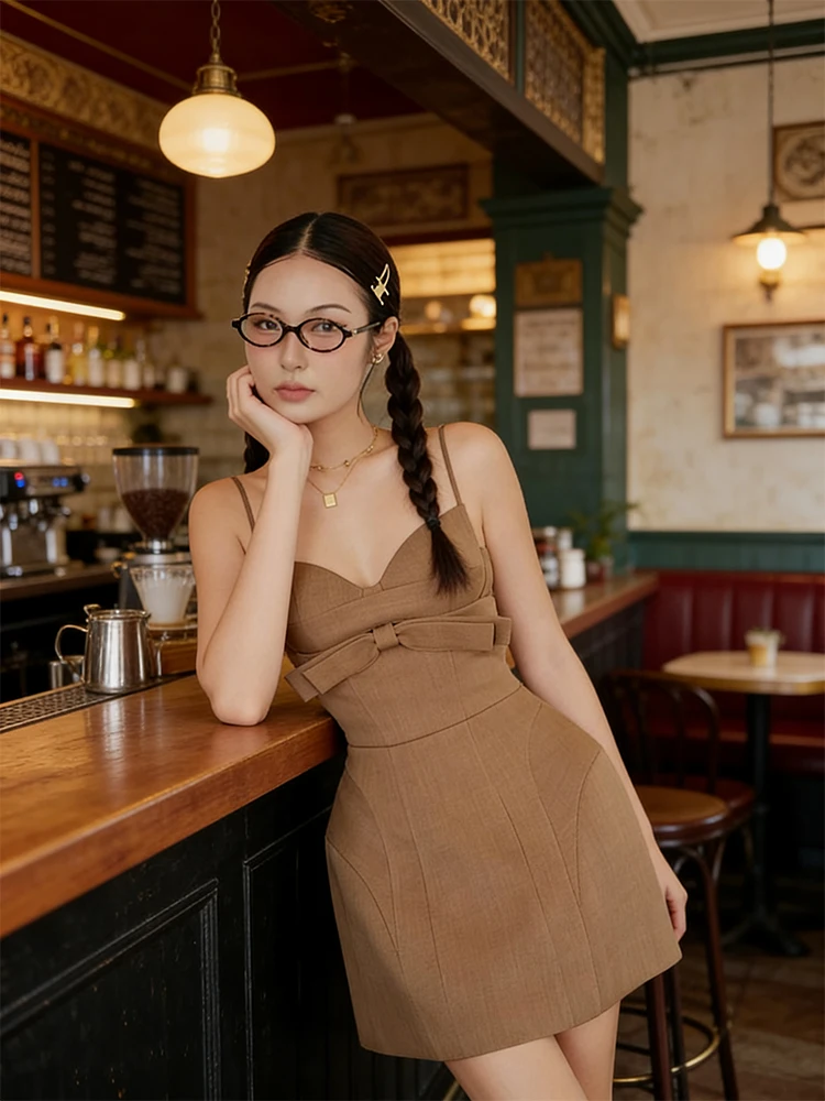 

Retro French Sle Belted Strap Dr Women's Ele Agel Knot Slimming Skirt Polyester Fiber A-Line Dr