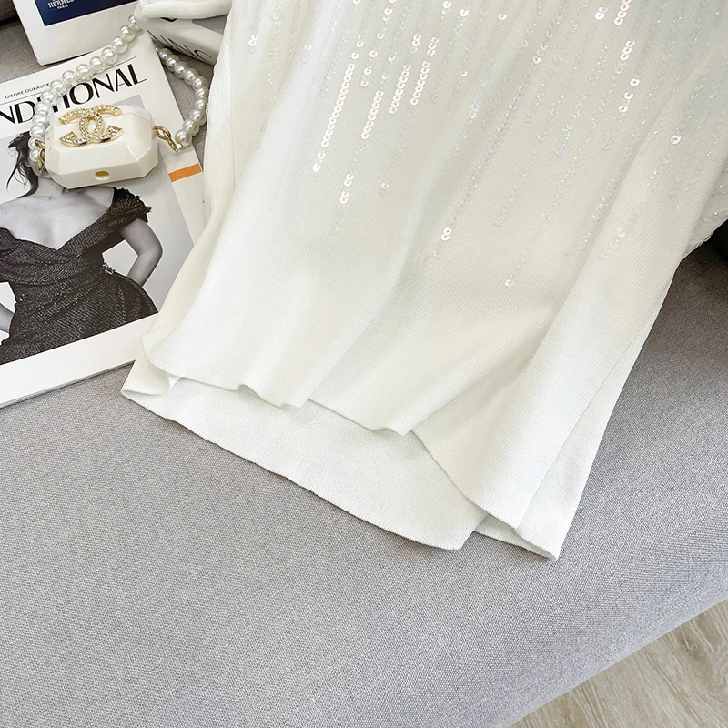 T-shirt ort Sve lavorata a maglia in seta di ghiaccio slim fit T-shirt estiva da donna New Sle a vita alta Ne Pullover Faionable Bright Paillettes