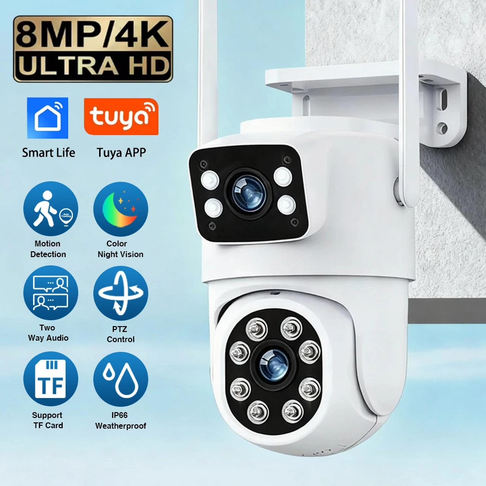 

Tuya Smart 4K 8MP WiFi Security Outdoo Camera Dual Lens HD Video Surveillance IP Camera 360 Home CCTV PT Auto Tracking