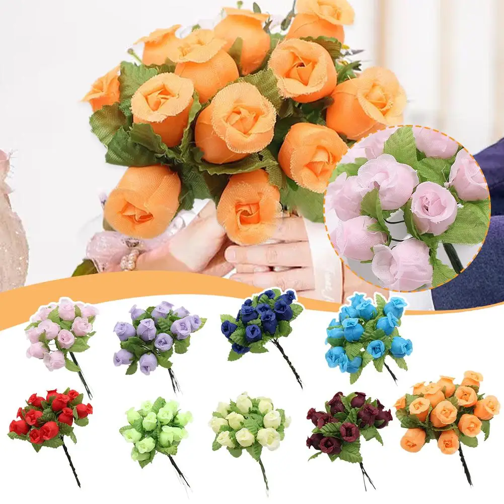 12heads/Bundle Artificial Flowers Silk Rose Mini Bouquet for Christmas Home Wedding New Year DIY Gift Box Decoration Small R9G1