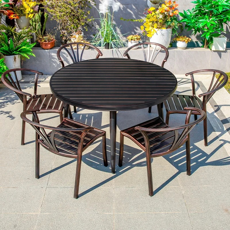 New Design Cast Aluminum Round Revolving Dining Table Set with 6 Chairs Round BBQ Table