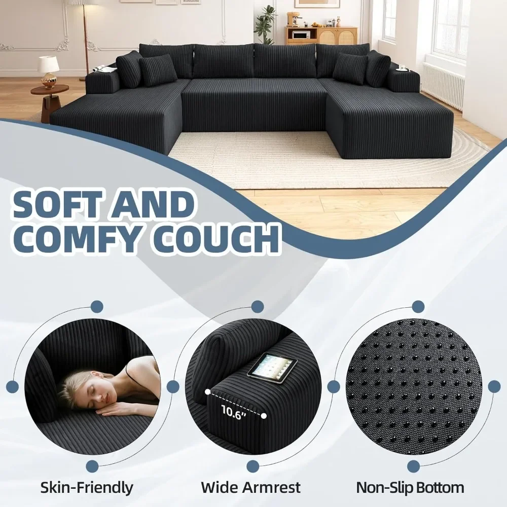 أريكة مقطعية على شكل حرف U، أريكة بدون عظم مقاس 134 بوصة لغرفة المعيشة، أريكة بمقعد عميق مع كرسيين #4