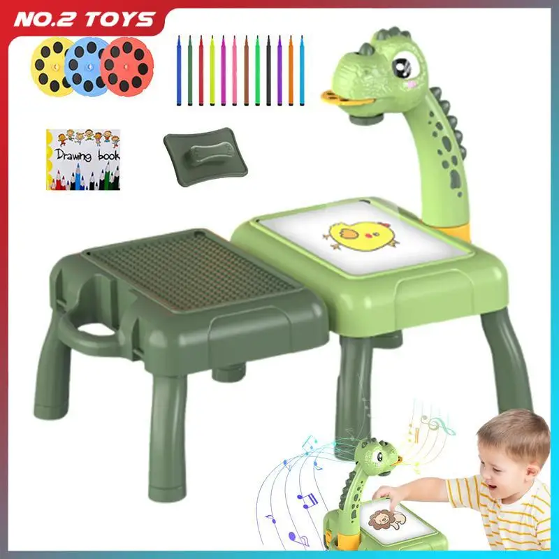 Multifunctional Projection Painting Board Storage Table Cartoon Lights Music Projector Drawing Board Paint Toy Children's Gift