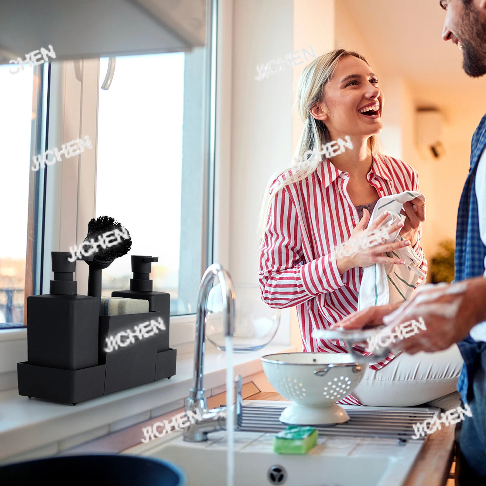 

Дозатор для кухонного мыла XJC с подставкой для губок и щеткой для мытья посуды, отдельные бутылки для жидкости для мытья рук