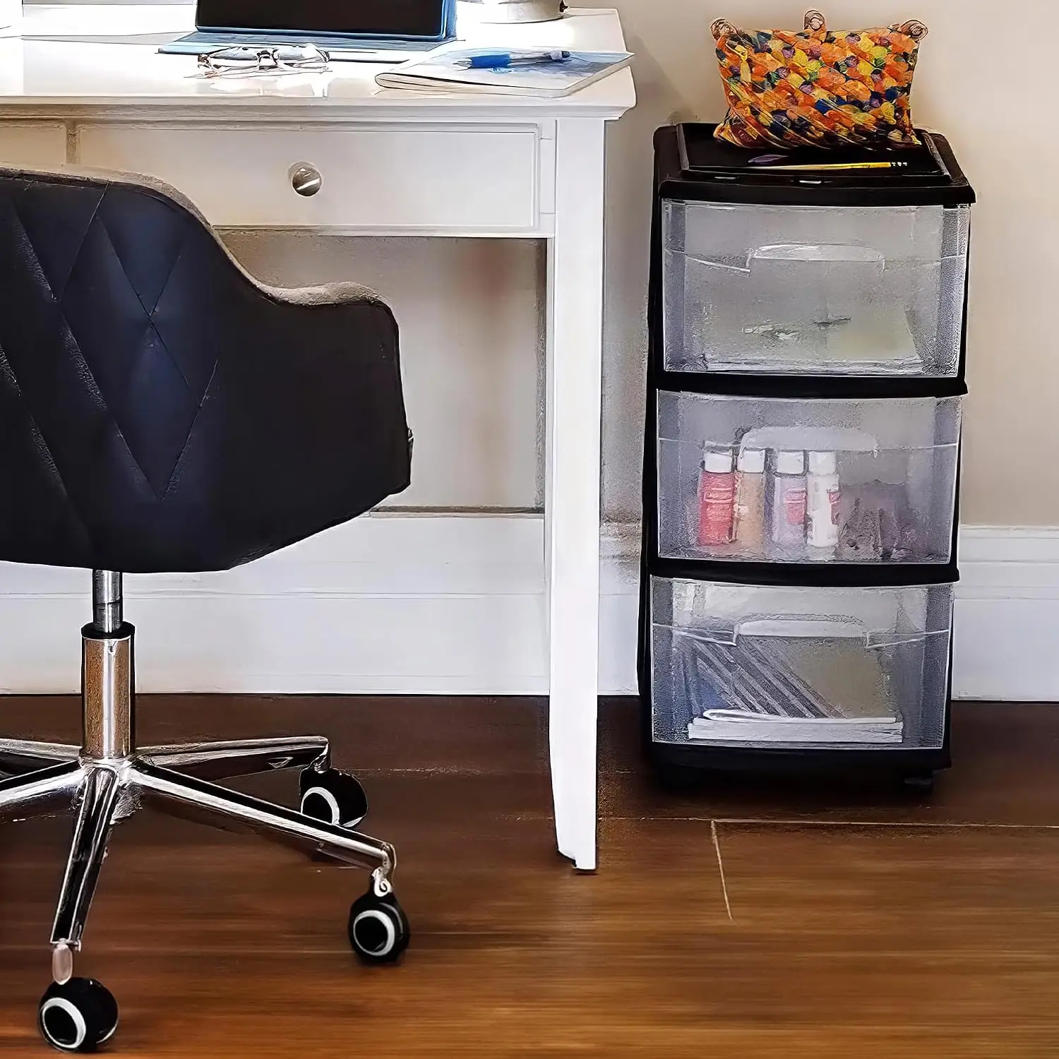 Drawer Tower 3-Tier Storage Cart, Removable Wheels, Black Frame,2 Pack