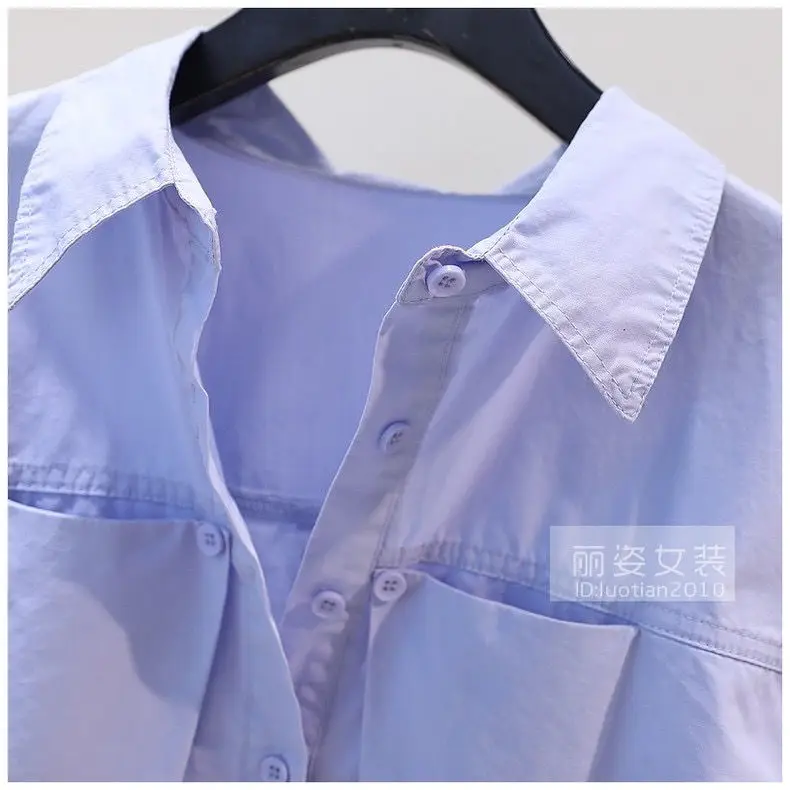 Camicia corta plissettata Design Sense, camicia in cotone a maniche lunghe allentata blu da donna, nuovo Top per la primavera/estate 2024