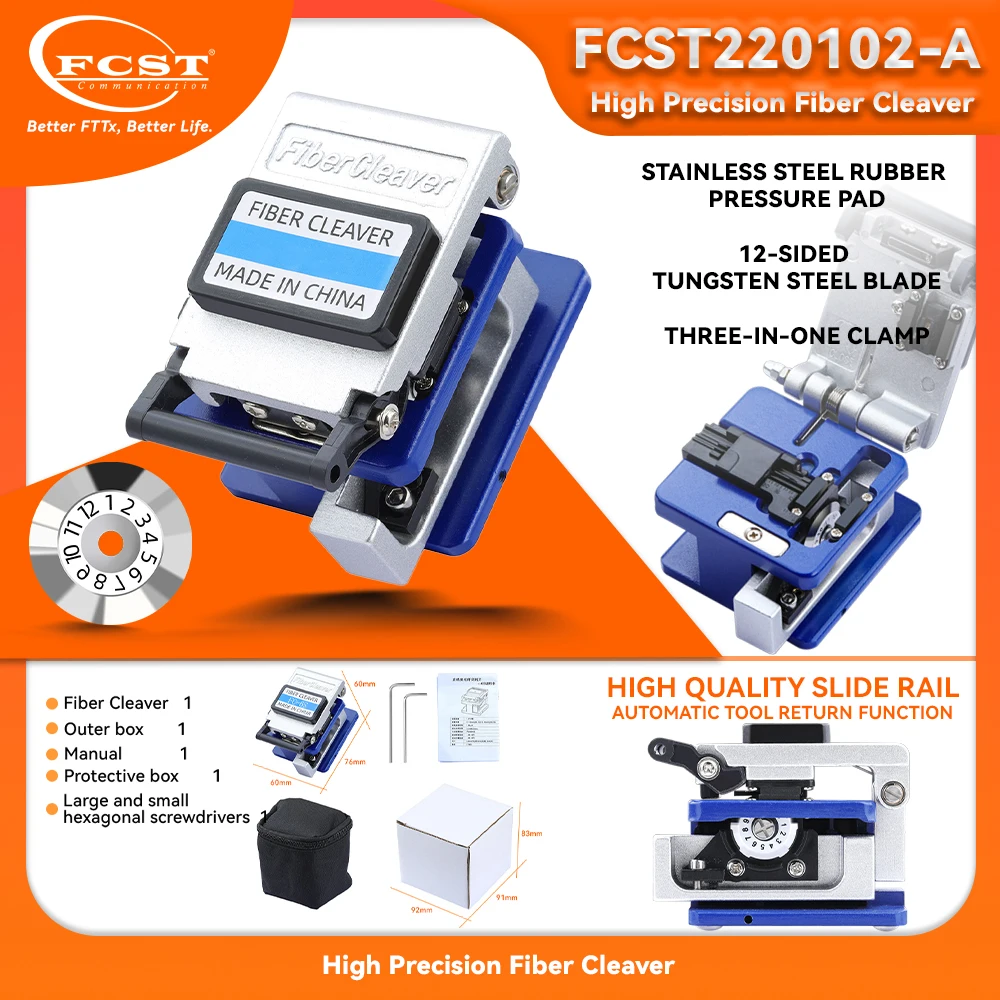 FCST Fiber Cleaver FC-6S FTTH Fiber Optic Cable Cutter Knife Optical Fiber Cold Connection cutting Tool 16 Surface Blade