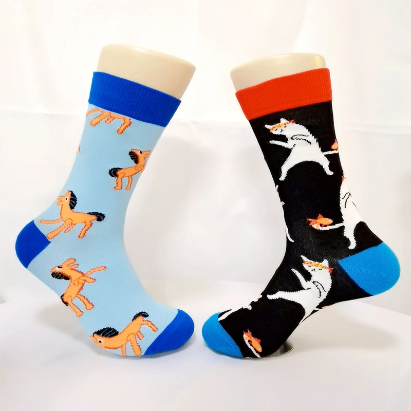 Happy Colorful Men\'s Socks Fashion Cartoon Rooster Eagle Cat Penguin   Harajuku Stockings European and American Trend Cool Sock