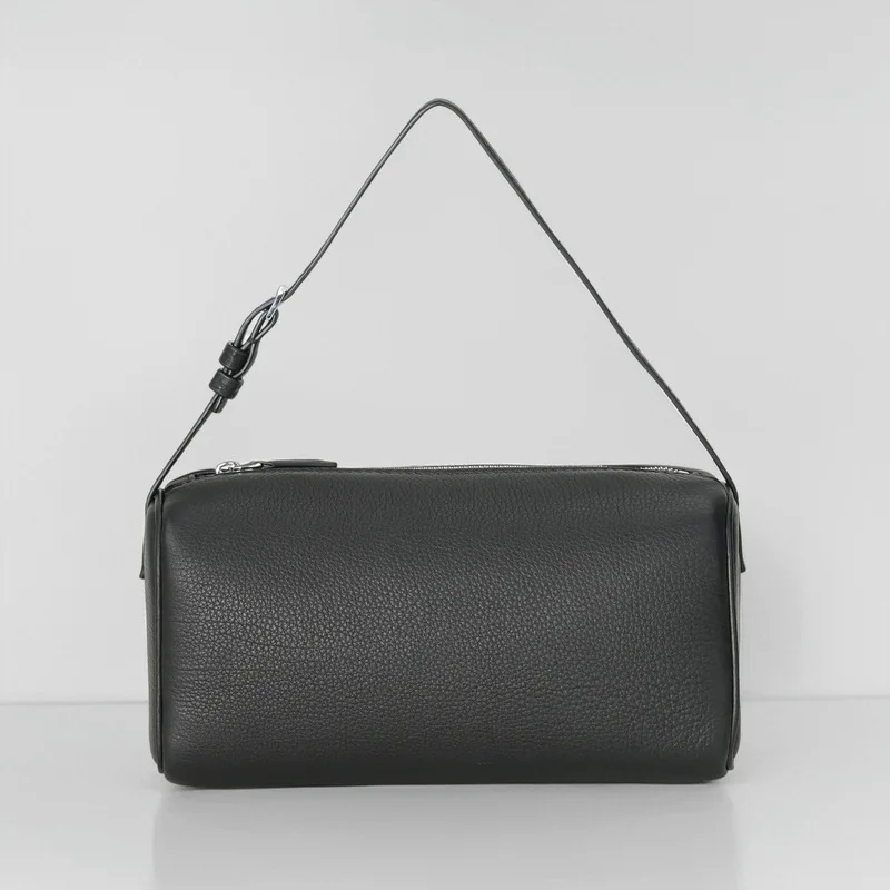 Genuine Leather Shoulder Bag Women Black Baguette Purse Soft Pebbled Cowhide Handbag Minimalist Vintage Daily Top Handle Bag