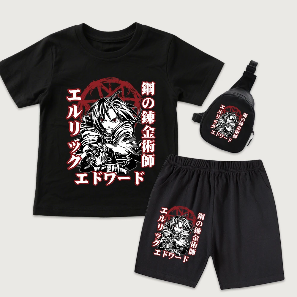 Full Metal Alchemist Edward Elric Anime Print Kids Cotton T Shirt Shorts Mini Chest Bag 3 Piece Set Boy Girl Casual Wear