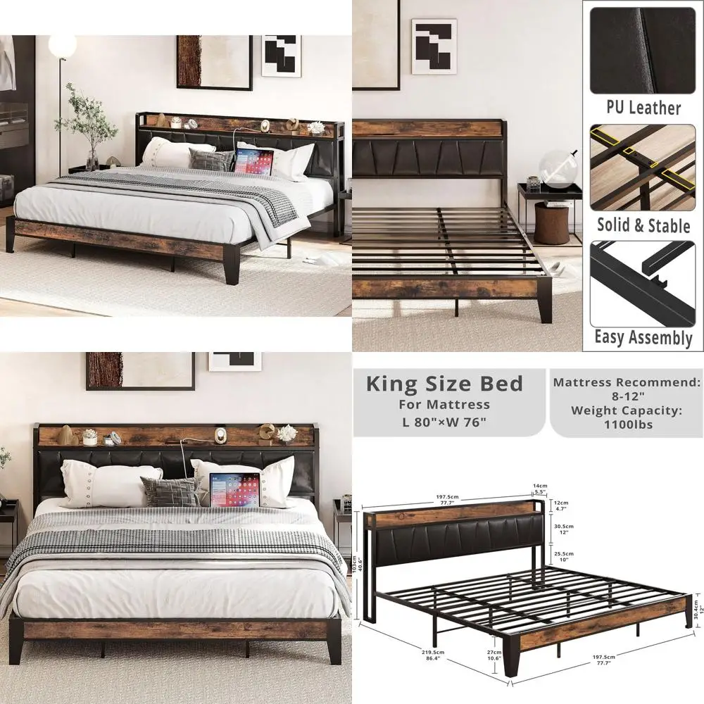 

Винтажная черная кровать размера King Size с местом для хранения и зарядной станцией, устойчивая, бесшумная, не требует пружинного блока, простая сборка