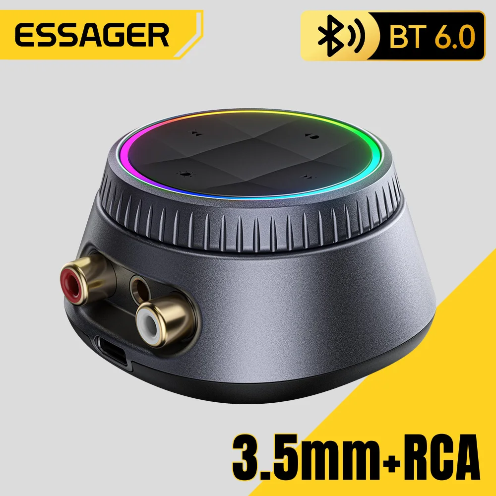 Essager Bluetooth 6.0 Audio Receiver Wireless Music Adapter 3.5mm RCA for NFC Android Car Home Speaker with RGB Light