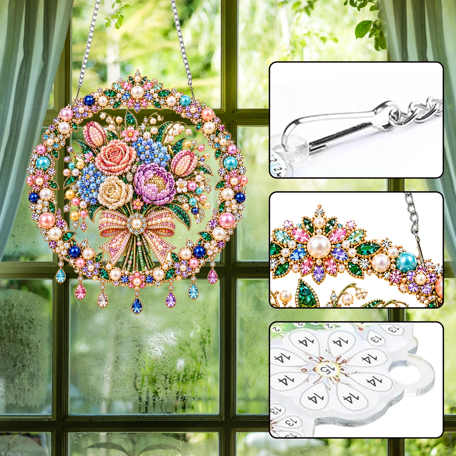 Crystal Diamond Painting Hanging Ornament Wreath Kit DIY 7.68in Double Sided PET Drill Home Door Window Wall Decor