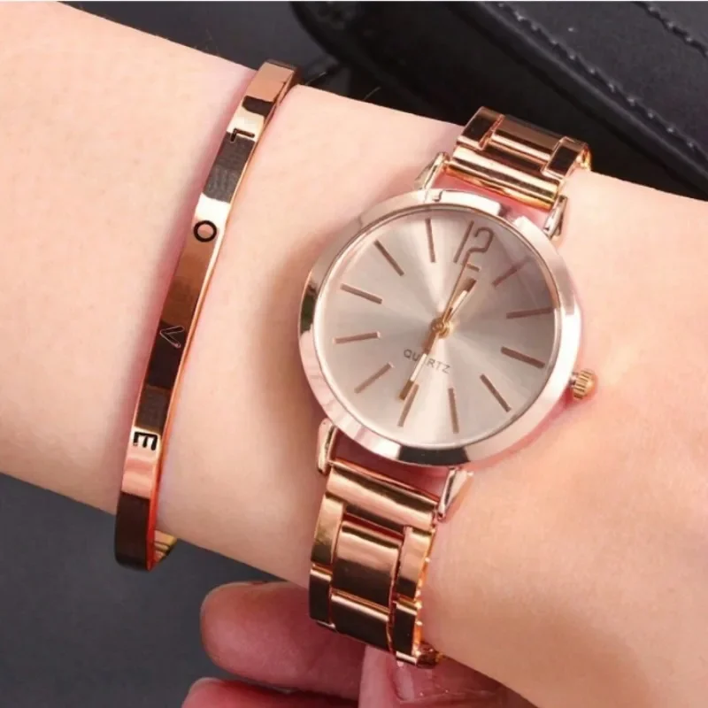 Fashion Часы Gold Graduated Compact Women's Quartz Watch and LOVE Bracelet Set Watches Gift Daily Travel Wear Relojes Para Mujer