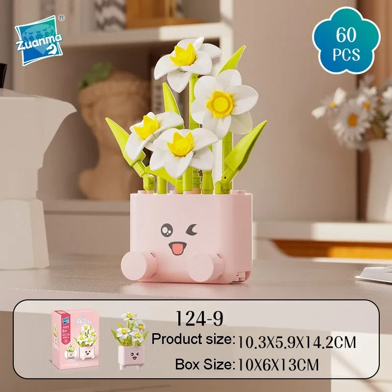 Kreative Emoticon-Blumentöpfe Bausteine Spielzeugmodell Sonnenblumen Rosen Blumen-Botanik-Bausteine Zusammenbaubares Ornament Kindergeschenk