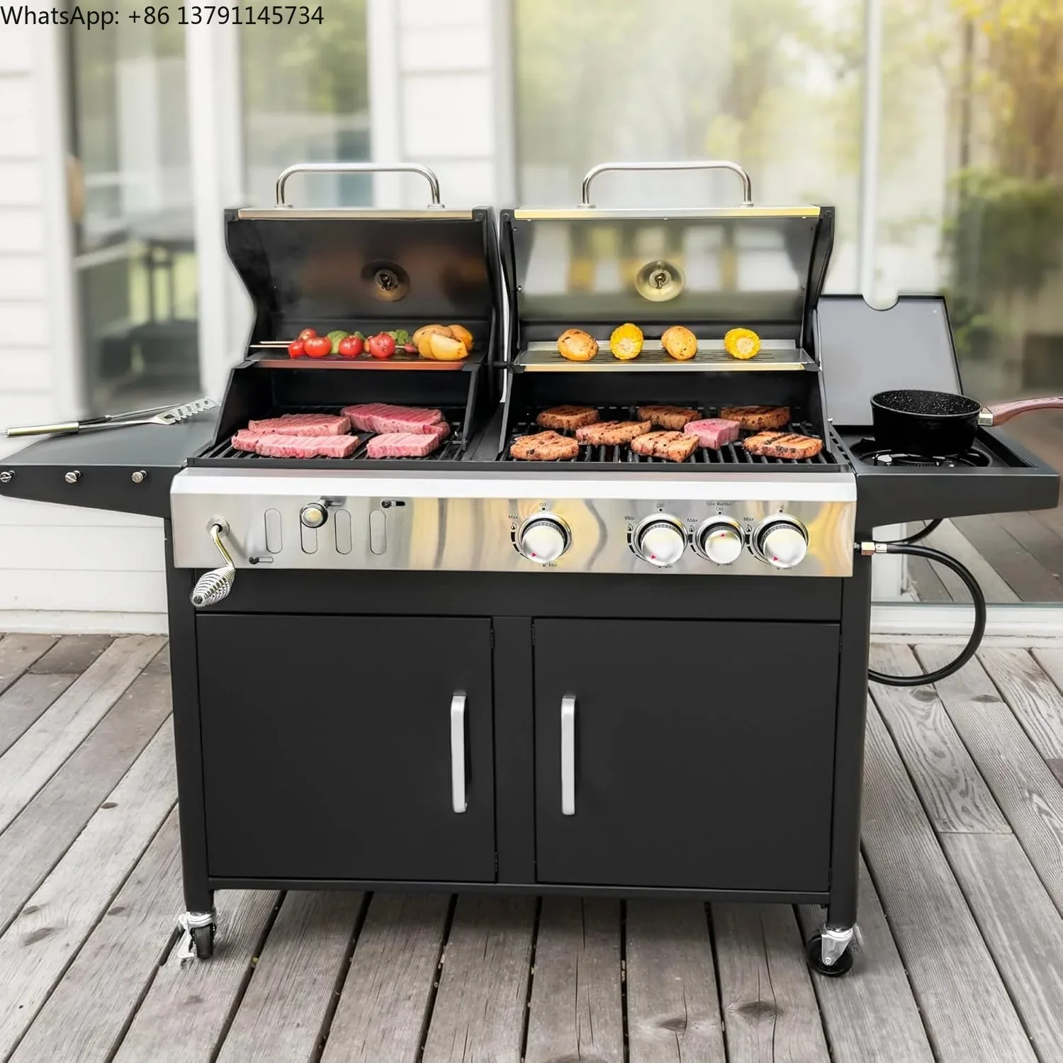 3 In 1 Gas and Charcoal Grill Combo with Side Burner, Porcelain-Enameled Cast Iron Grate, Extra Large Dual-Function BBQ