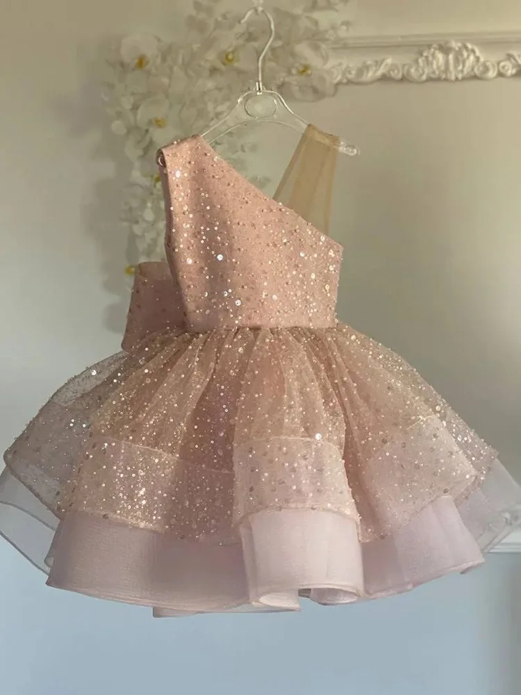 Vestido de princesa de lujo para niñas, tutú con lazo grande, cuello en V, sin mangas, cuentas de uñas, lentejuelas, vestido de boda para niños, vestido de fiesta de cumpleaños para bebés