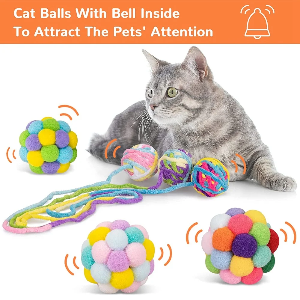 Cat Toys Ball, Woolen Yarn Balls with Bell and Cat Fuzzy Balls, Interactive Cat Toys for Indoor Cats and Kittens 6 Pcs