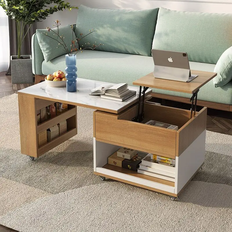 Multifunctional lifting rotating folding coffee table household tea table living room small apartment trolley movable