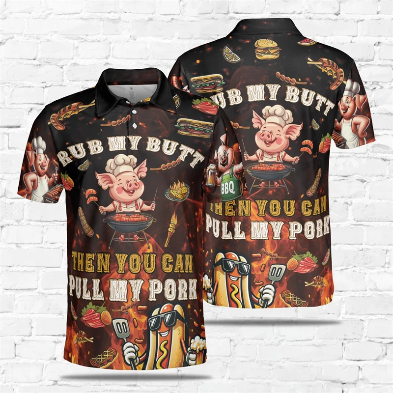 Grilled Food Graphic Polo Shirts For Men Clothes Harajuku Fashion Short Sleeve Hip Hop Barbeque POLO Shirt BBQ Pig Meat Tee Tops