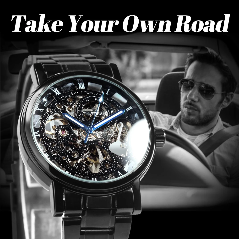 WINNER Classic Black Skeleton Mechanical Watches Retro Luminous Hands Luxury Brand Automatic Mens Watch Stainless Steel Strap