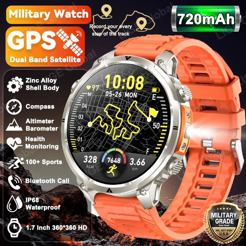 

LIGE New Military GPS Tracker Men Smart Watch 720mAh Battery IP68 Waterproof Compass Altimeter Flashlight Sports Smartwatch Man