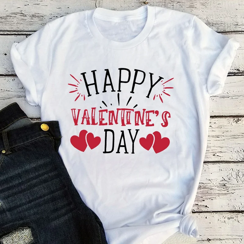 

Happy Valentine's Day T-shirts Romantic Heart Print Shirts Valentine's Day Gifts for Her Romantic Seasonal Tee Cute