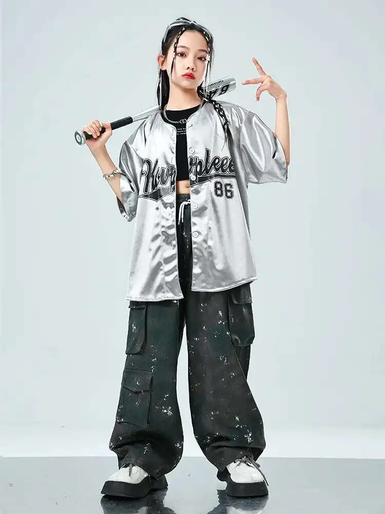 Sequin Silver Dancing Clothes Hip Hop Dance Costume 4 Girls Boys T Shirt Pants Street Wear Children Competition Costumes Jazz