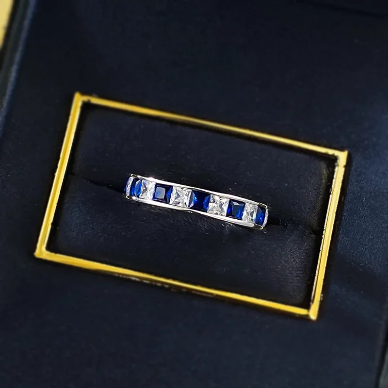 

New S925 Silver Artificial Princess Square Cutting Imitation Sapphire Zircon Diamond Ring Border Edition Jewelry