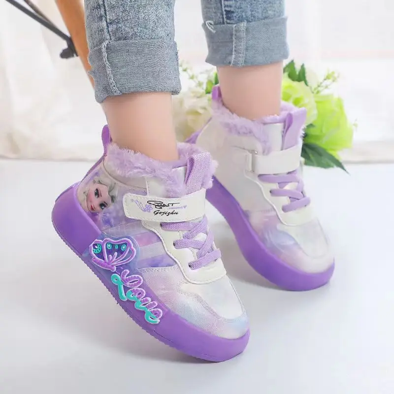 Frozen Princess Disney Children Casual Sneakers Cartoon Girls Winters Sports Shoes Kids Plus velvet Warm Shoes Boots