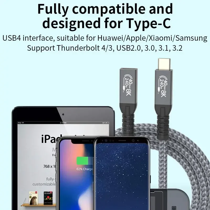 20cm Elbow Thunderbolt 4 Type C Data Cable PD240W USB C To Type-C Extension Adapter Cable 40Gbps 8K@60Hz for IPad Macbook Pro