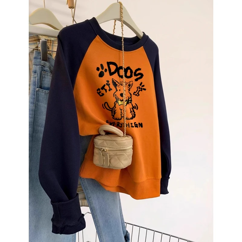 

Loose Long Sleeve round Neck Sweatshirt Women's Autumn Winter New Style Color Block Doggies T-Shirt Base Shirt Korean Style