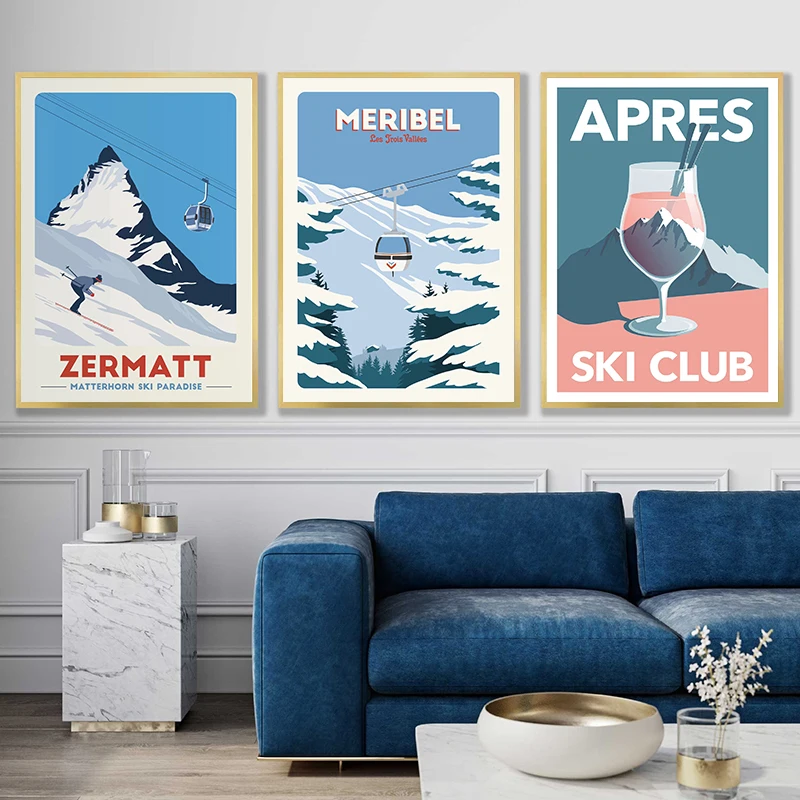 Vintage Minimalist Ski Snowboard Snow Mountain Ski Lift Poster Canvas Painting Wall Art Pictures for Living Bedroom Room Decor