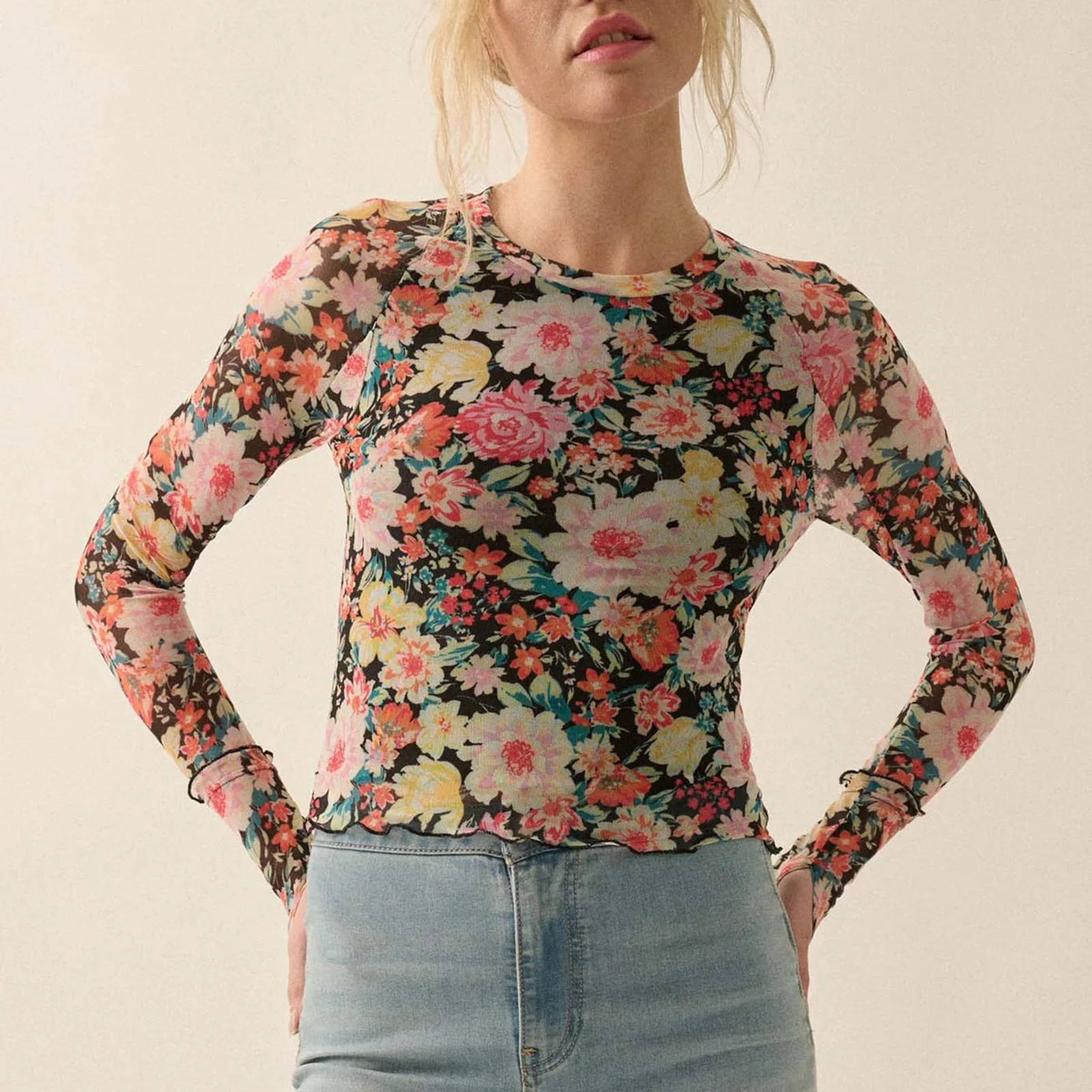 

Женские сетчатые топы с цветочным принтом Fairycore Grunge Y2K, футболки, модные утягивающие блузки с длинными рукавами, рубашки с круглым вырезом, уличная одежда