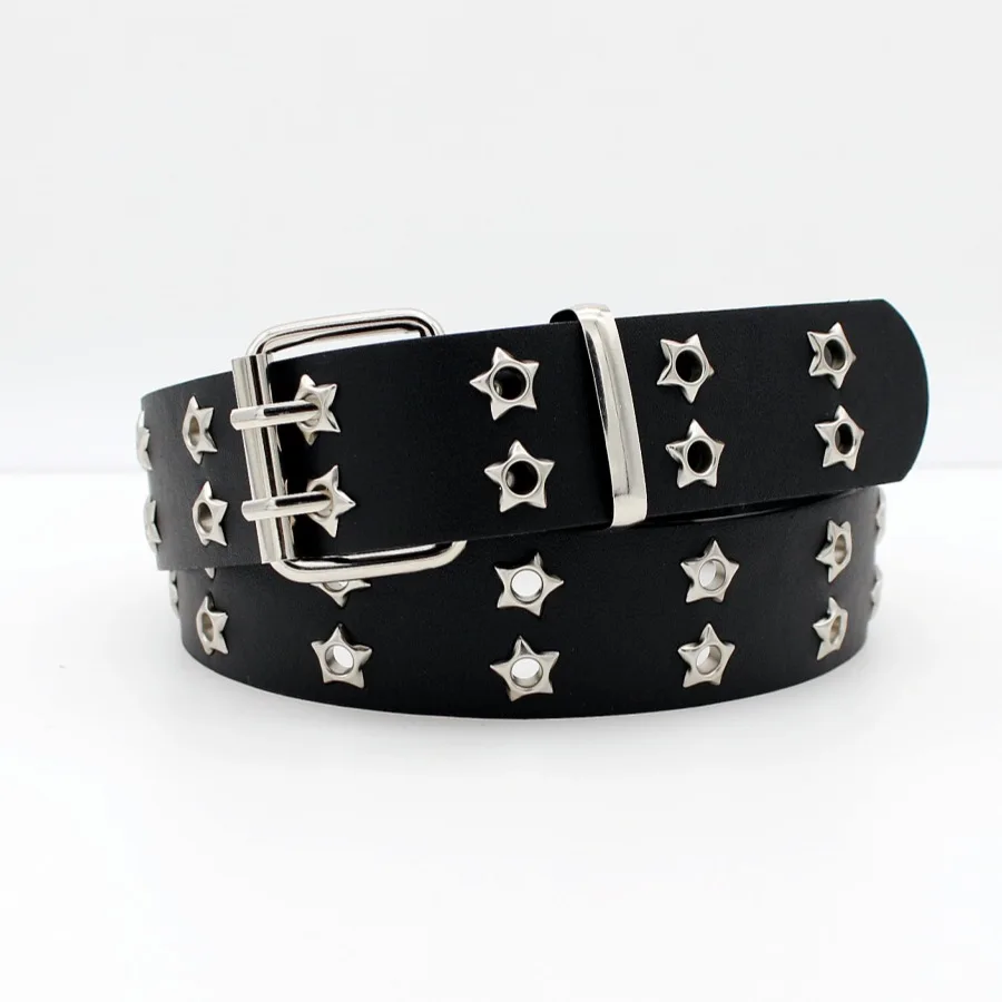 New Women's Punk Grommet Belt Double Row Eyelet Star Studded Waist Belt Y2K Gothic Hip Hop Fashion Belt for Jeans Pants