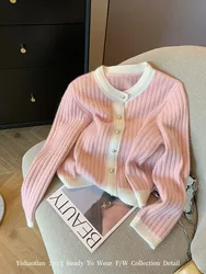 Harajuku Korean Autumn Winter Pink Cashmere Top O-Neck Cozy Casual Sweet Sweater Knitted Cardigans Long Sleeve Mori Girl Style