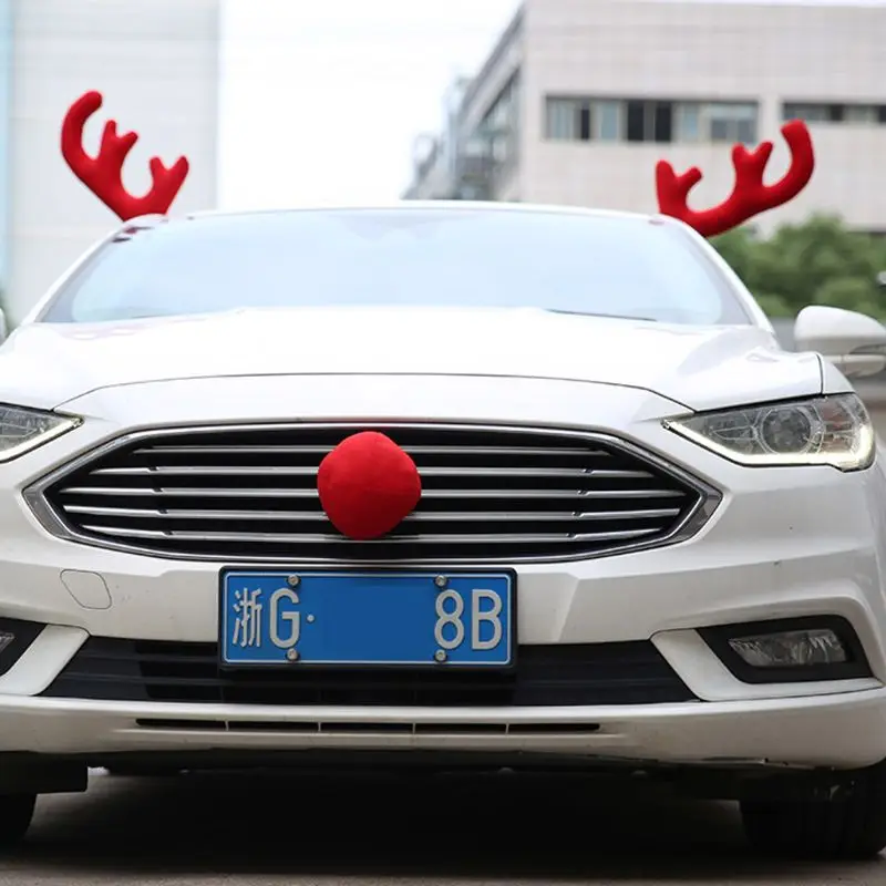 2 Antlers + 1 Nose Cute Vehicle Nose Horn Costume Set Red Nose Christmas Supplies Rudolf Reindeer Christmas Car Decors