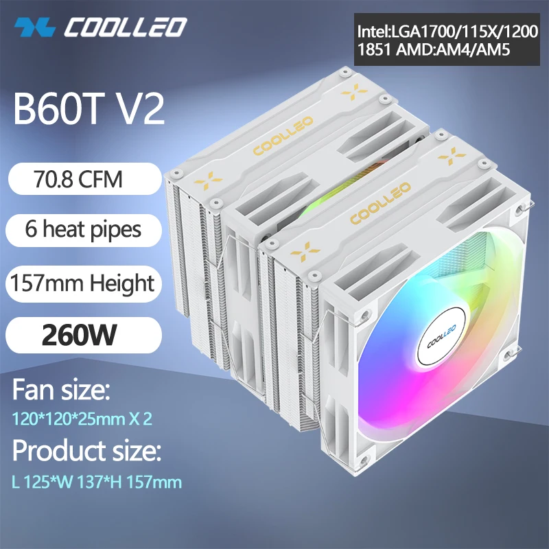 

COOLLEO B60T V2 Радиатор с воздушным охлаждением, 6 тепловых трубок, двойные башни, двойные вентиляторы, кулер для процессора для LGA1700 115X 1200 1851 AMD AM4 AM5