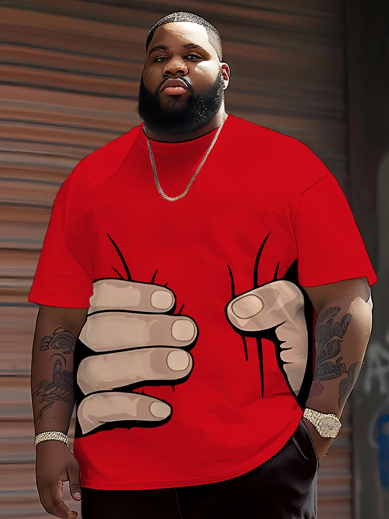 Lustiges 3D-T-Shirt für Herren mit Handgreif-Bauch-Print, Rot, Neuheit, Humor, Hip-Hop, Rundhalsausschnitt, Kurzarm-Oberteil – Detail 1